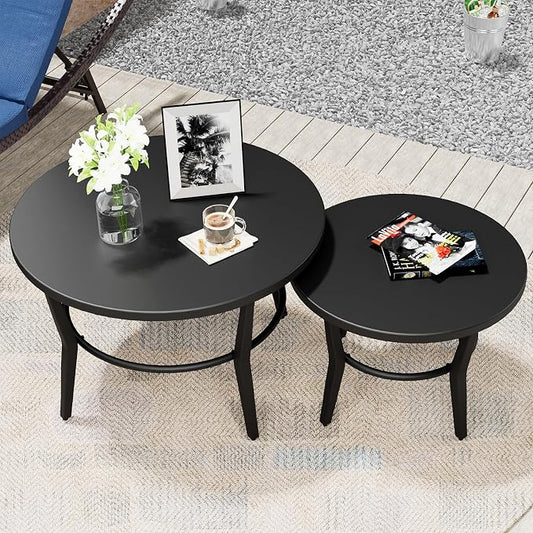 ALAULM Patio Round Coffee Table Set of 2, Outdoor Large Side Table-Weather Resistant Metal Steel for Patio, Backyard, Pool,Lawn(Black)