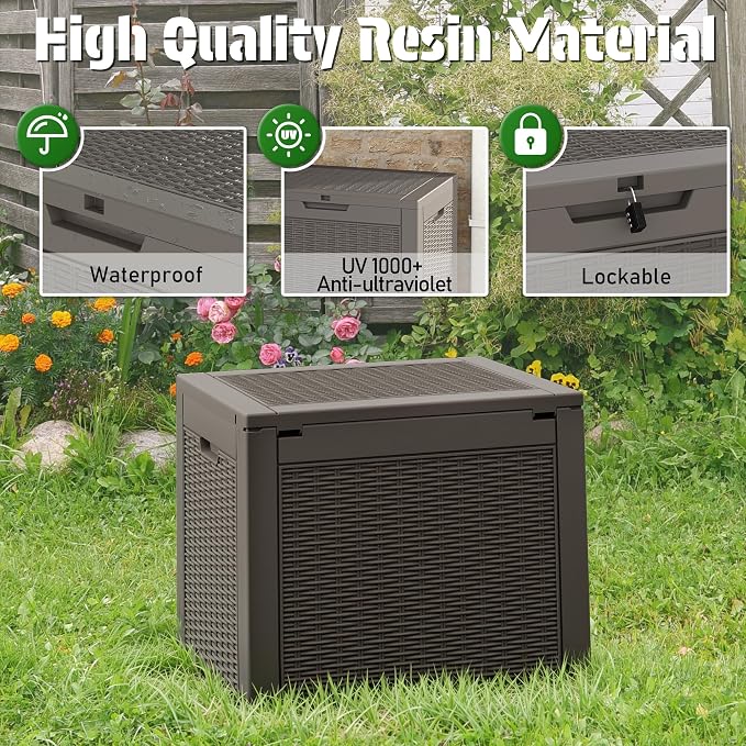 Bifanuo Outdoor Storage Box, 30 Gallon Deck Boxes Waterproof, Resin Storage Cabinet Multi Functional Storage Bench For Gardening Tools, Pool Supplies, Patio Furniture, Lockable