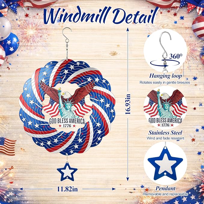 250th USA Anniversary 12 Inch Wind Spinner Patriotic Decoration | Patriotic Outdoor Garden Decor with Statue of Liberty Design, Stainless Steel Yard Art for Outdoor & Indoor, Gift for Men