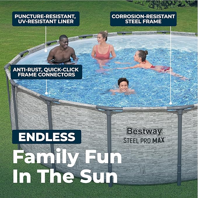 Bestway Steel Pro MAX Above Ground Swimming Pool Set (16' x 48") | Round Outdoor Backyard Family Pool Features Realistic Stone Pool Liner | Includes 1500gal Filter Pump, 48" Ladder and 16' Pool Cover