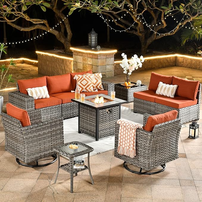 HOOOWOOO Outdoor Patio Sectional Furniture Sofa Set with Fire Pit Table,10 Piece Modern Wicker Couch with Swivel Chairs,Modular Conversation Seating Set with Widened Armrest for Garden(Orange Red)