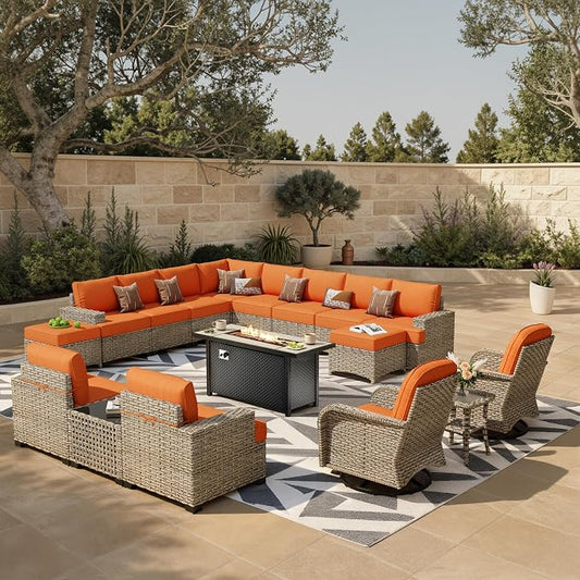 HOOOWOOO Sectional Patio Furniture Set with Fire Pit Table,17 Pieces Wicker Outdoor Furniture L Shaped Couch,Outside Conversation Set Extra Deep Sofa Wide Arm Swivel Chairs Ottoman Light,Brick Red