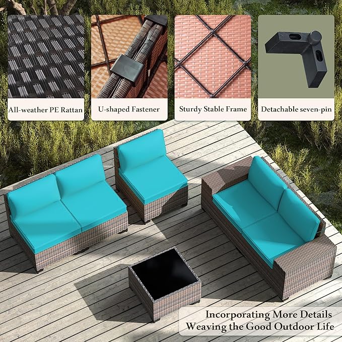 7 PCS Outdoor Patio Furniture Set,Outdoor Sectional Furniture with 43" 55000 BTU Gas Propane Fire Pit Table,All Weather PE Rattan Wicker Patio Conversation Set,Turquoise Blue