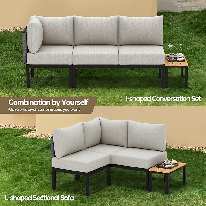 PIZZELLO 4 Piece Patio Conversation Set, Outdoor Sectional Furniture with Loveseat, Single Chair, and Coffee Table, for Porch, Deck, 6" Washable Cushions, Beige