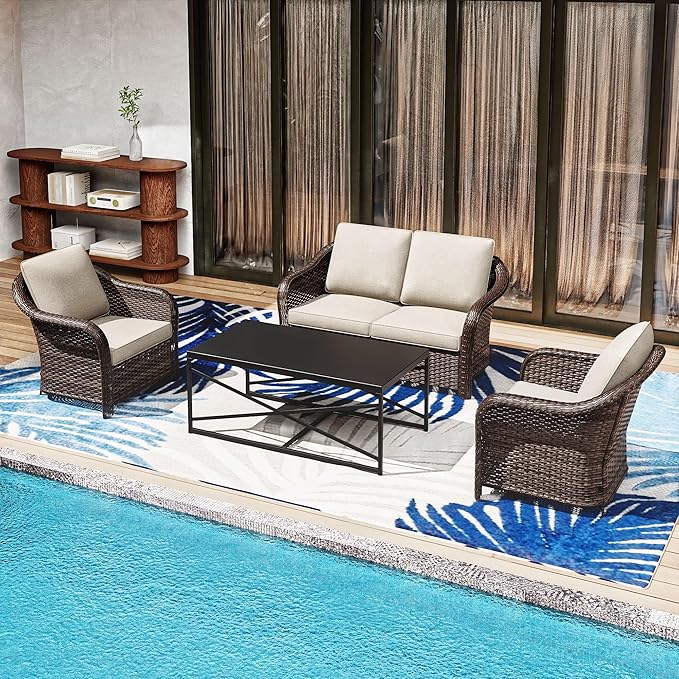 4 Pieces Outdoor Conversation Furniture Set, 55" Patio Couch，47" Metal Coffee Table, 2 Chairs, Rattan Wicker Sofa with Removable Cushions for Bistro, Deck (Beige)