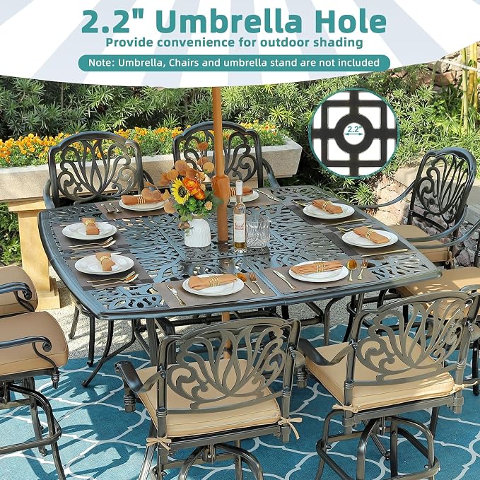 MEETWARM Patio High Bar Dining Table for 8 Person, All Weather Cast Aluminum 64" Large Square High Top Dining Table with 2.2" Umbrella Hole, Patio Bar Height Table for Garden Deck Backyard,Dark Bronze