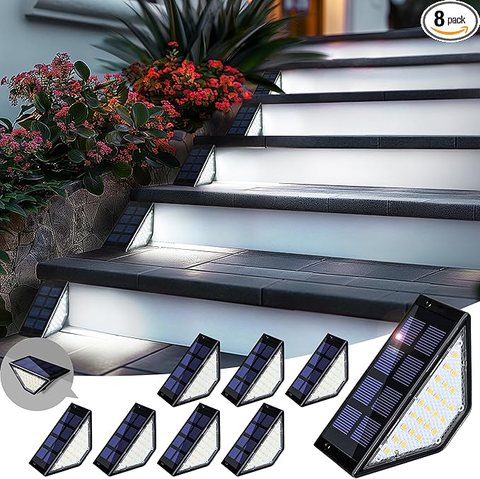 PATIOWIN 8 Pack Solar Step Lights for Outside, 24 LEDs Solar Stair Lights Waterproof IP65, Solar Deck Lights Outdoor Decor for Garden, Porch, Pathway, Patio, Fence(Cold White)