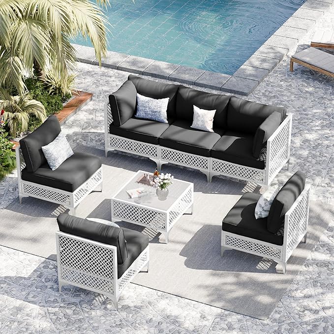 Vikiullf Patio Conversation Set, 7 Piece Outdoor Sectional Sofa Set with Coffee Table, White Wicker with Grey Cushions (White and Grey, 7 piece)