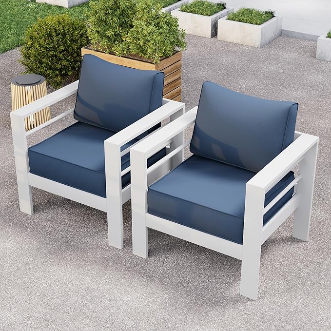 Aluminum Patio Furniture Set, Single Chair Outdoor Set with 5 Inch Cushions, Patio Sofa Sets with Waterproof Covers for Backyard Garden(White&Blue)