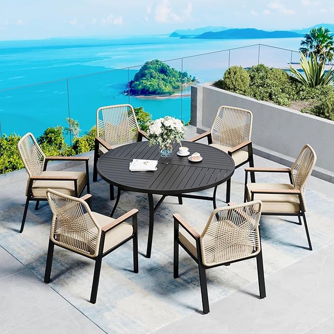 SUNSHINE VALLEY 7 Pieces Patio Dining Set, 6 x Woven Rattan Chairs with Waterproof Cushion, 54” Metal Round Dining Table with Umbrella Hole, Outdoor Table and Chairs Set for Backyard Lawn and Deck
