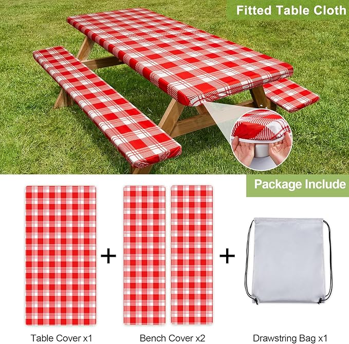 Picnic Table Cover with Bench Covers Camping Essentials Waterproof Windproof Camping Tablecloth with Drawstring Bag, Fitted Rectangle Tables and Seats, 96in, Red Checkered