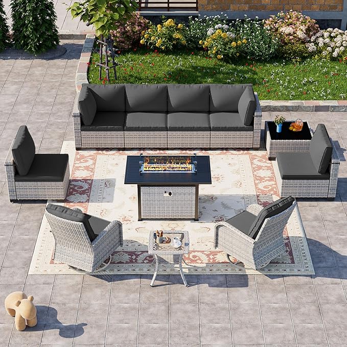 11-Piece Patio Furniture Set, Outdoor Patio Furniture with 55,000 BTU Fire Pit Table, Swivel Chairs Set, Thick Cushions, Modular Patio Sofa, Dual-Strand Wicker Rattan, Rust-Resistant Frame, Black