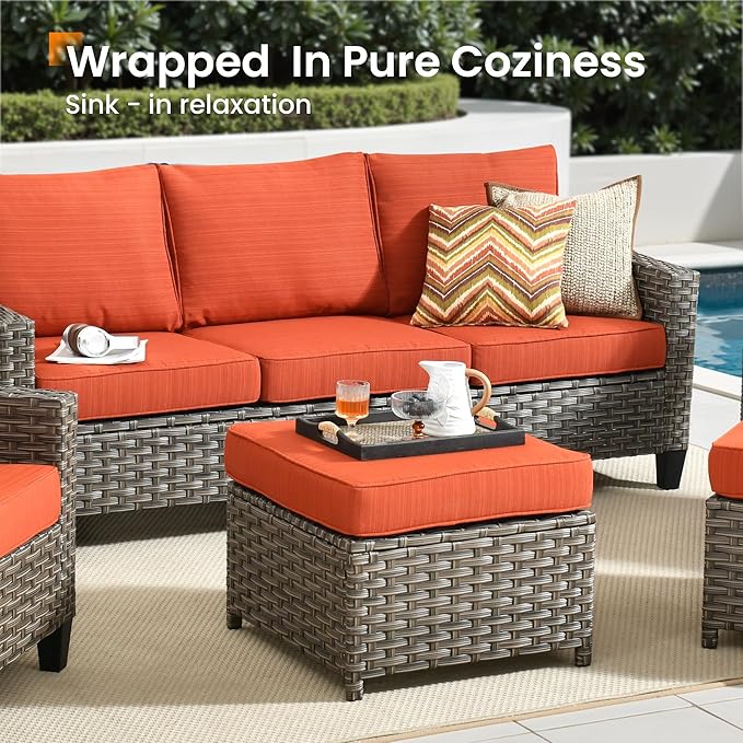 Patio Furniture Set, 7 Pieces Outdoor Wicker Rattan Sofa Couch with 4 Chairs, Ottomans and Comfy Cushions, All Weather High Back Conversation Set Garden Backyard, Brown Rattan Red Cushions