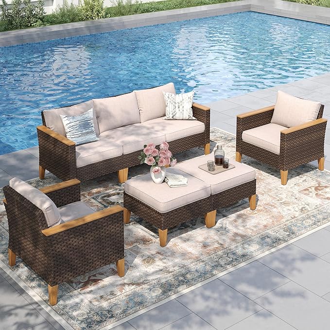 PHI VILLA 7-Piece Wicker Patio Furniture Set, Wicker Sectional Sofa Conversation Set with Cushioned 2 x Single Sofa, 2 x One Armrest Chair, 2 x Ottoman and 1 x Armless, Beige