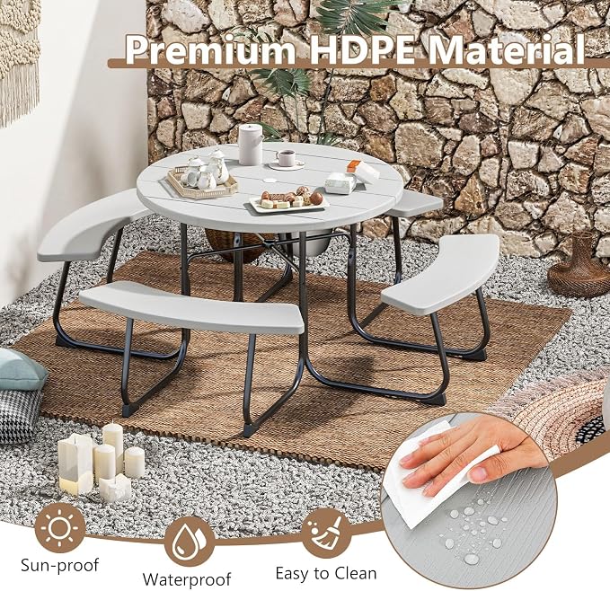 Moccha Picnic Table Bench Set - Outdoor Table and Chairs with Umbrella Hole, HDPE Tabletop & Metal Frame, Dining Table Set, Outdoor Camping Table for Garden Backyard Porch Patio Table Set (Grey)