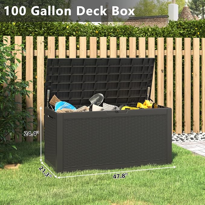 100 Gallon Extra Large Resin Deck Box with Hydraulic Rod ，Outdoor storage box with lockable lid, waterproof material, suitable for patio furniture, pool tools, outdoor equipment, gardening tools