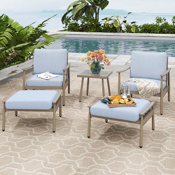 HAPPATIO Aluminum Outdoor Furniture Set - 5 Pieces Patio Furniture Set Includes 1 Side Table, 2 Armchairs and 2 Ottomans with Thick Cushion, Patio Conversation Set for Backyard Deck Poolside (Brown)
