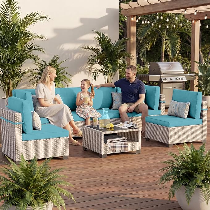 Patio Furniture Set, 7-Piece Outdoor Sectional Sofa with 2-Layer Glass Coffee Table, Wicker Patio Conversation Set with Cyan Cushions for Backyard, Poolside, Porch