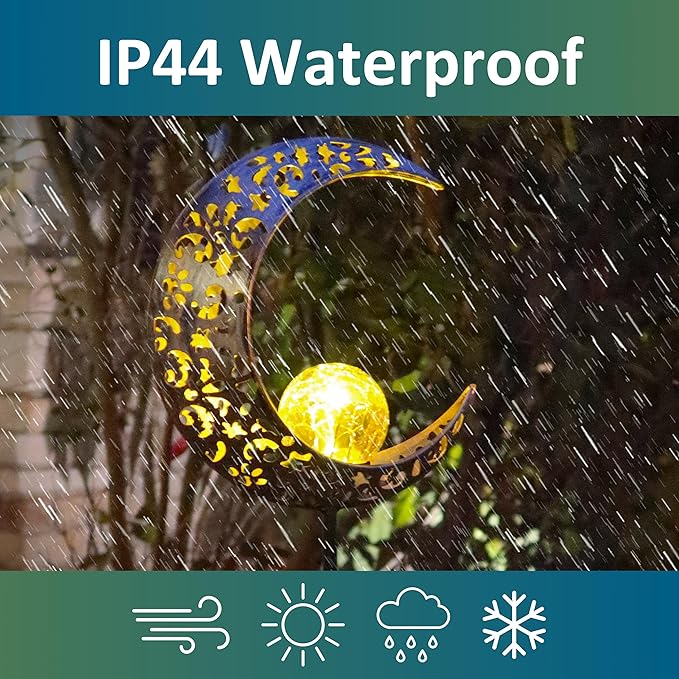 MCSSMOON Solar LED Crescent Moon Garden Light – Waterproof Metal Stake with Crackled Glass Globe