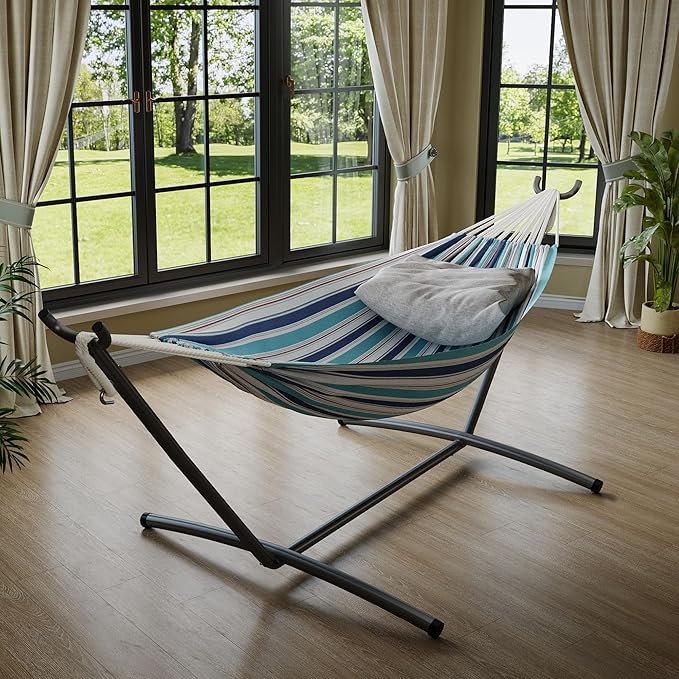 Garvee Double Hammock with Foldable Steel Stand and Carry Bag – Indoor/Outdoor Standing Hammock, 450 LBS Capacity, for Garden, Camping, Beach (Ocean)