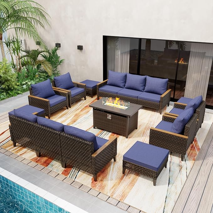 15 Piece Patio Furniture Set with 50000 BTU Propane Fire Pit Table, All-Weather Wicker Rattan Outdoor Sectional Sofa Set with High Back and Thick Cushions for Garden, Porch, Poolside, Blue