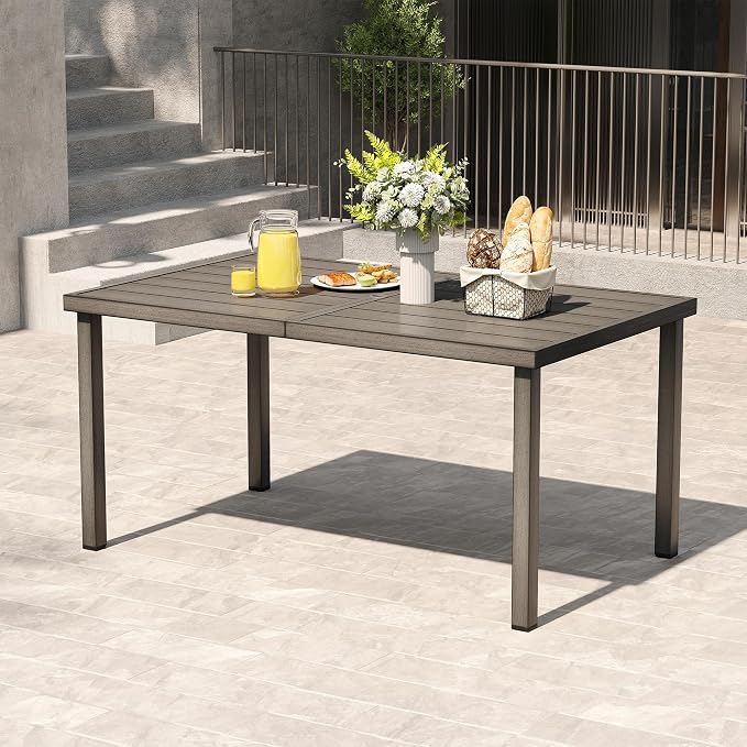 HAPPATIO Outdoor Dining Table for 6, 60" Rectangular Aluminum Patio Tabletop with Umbrella Hole, Rustproof Aluminum Frame for Poolside Lawn Garden