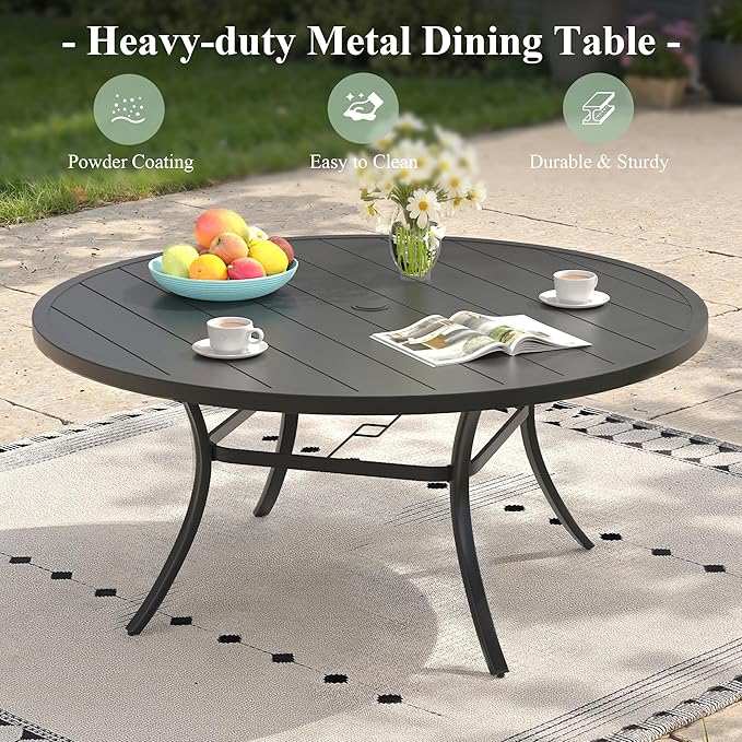 Patio Table and Chairs Set for 8, Outdoor Dining Set with 8 Stackable Dining Chairs and 53" x 53" Metal Slatted Round Dining Table for Porch, Deck, Lawn, Garden, Brown & Black