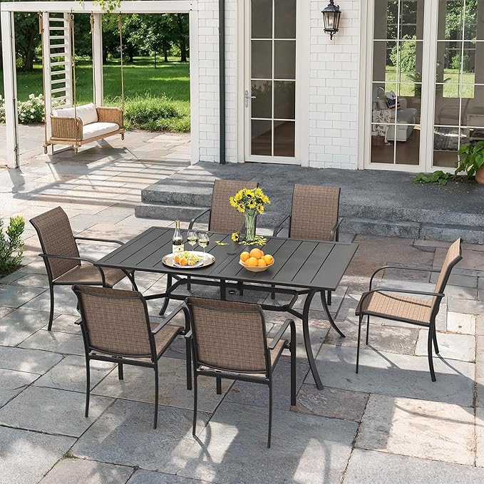 VICLLAX 7 Pieces Patio Outdoor Dining Set, 59" Metal Dining Table with Umbrella Hole and 6 Stackable Textilene Chairs for Patio, Lawn, Garden, Porch, Black Table/Brown Chair