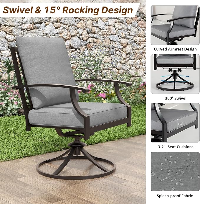 ALAULM 5-Piece Outdoor Dining Set for 4 Metal Outdoor Patio Furniture with 2 Swivel Chairs & 40000 BTU Round Fire Pit Table for Patio, Backyard, Garden-Grey