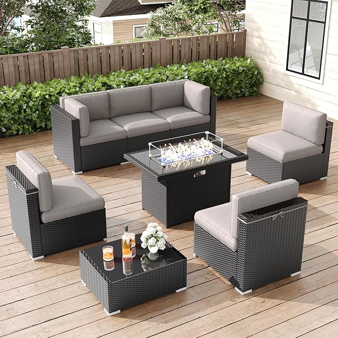 LayinSun 8 Pieces Patio Furniture Set with Fire Pit Table, Black Rattan Modular Sectional Patio Conversation Sofa Set