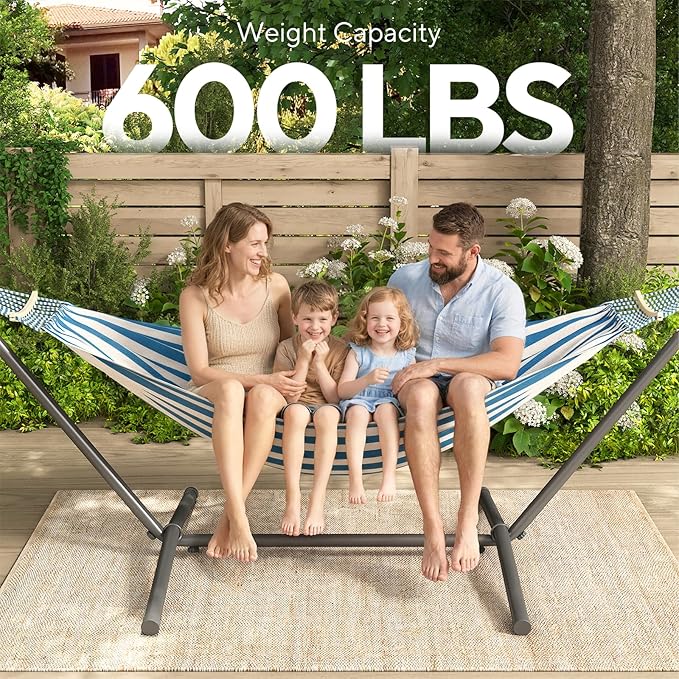 600lbs Hammock with Stand for Outside, 2 Person Portable Hammock with Side Storage, Carrying Bag, Expend Wooden Bar for Outdoor or Indoor (Blue White)
