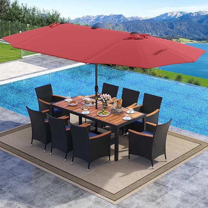 Tangkula 11 Pieces Patio Dining Set with Double-Sided Led Patio Umbrella (Base Included), with 8 Stackable Chairs, Acacia Wood Dining Table and Large Umbrella with Solar Lights (Burgundy + Navy)
