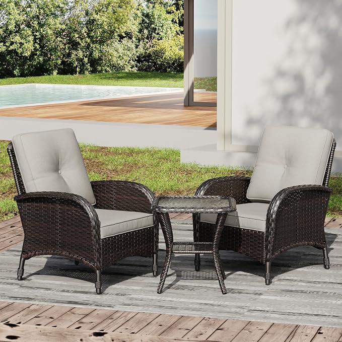 Joyside Wicker Patio Chairs, 3 Piece Rattan Outdoor Furniture with Thickened Cushions, High Back, Deep Seating, Wide Armrest, Outdoor Chairs for Porch, Deck
