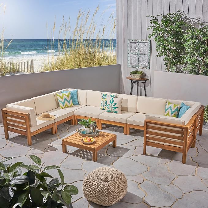 Christopher Knight Home Oana Outdoor U-Shaped Sectional Sofa Set with Coffee Table - 9-Piece 8-Seater - Acacia Wood - Outdoor Cushions - Teak and Beige
