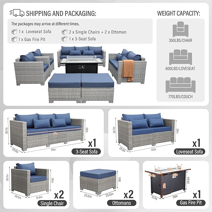 WAROOM Patio Furniture Set 7 Piece Grey Wicker Outdoor Conversation Sets PE Rattan Sectional Sofa with Large Fire Pit Table and Anti-Slip Navy Blue Cushion