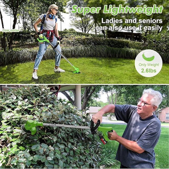 Cordless String Trimmer, 21V Electric Weed Trimmer Battery Powered with 2X 2.0 Ah Batteries, 3 in 1 Stringless Grass Trimmer/Lawn Edger/Brush Cutter, 3 Types Blade, for Yard Lawn