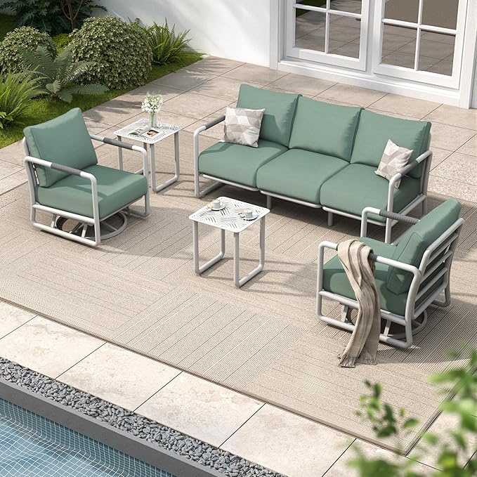 MBY Outdoor Aluminum Patio Furniture Set, 5-Seats Patio Conversation Sofa Set with 2 Swivel Rocking Chairs and 2 Coffee Tables, All Weather for Pool, Balcony, Garden-White