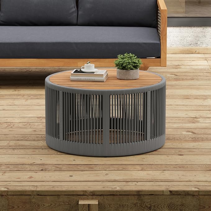 26" Outdoor Rustic Coffee Table,Rattan Rope & Acacia Wood Center Table with Round Top & Iron Frame, Easy Assembly, Versatile Weather-Resistant Patio Furniture for Garden, Yard, Balcony, Gray Teak