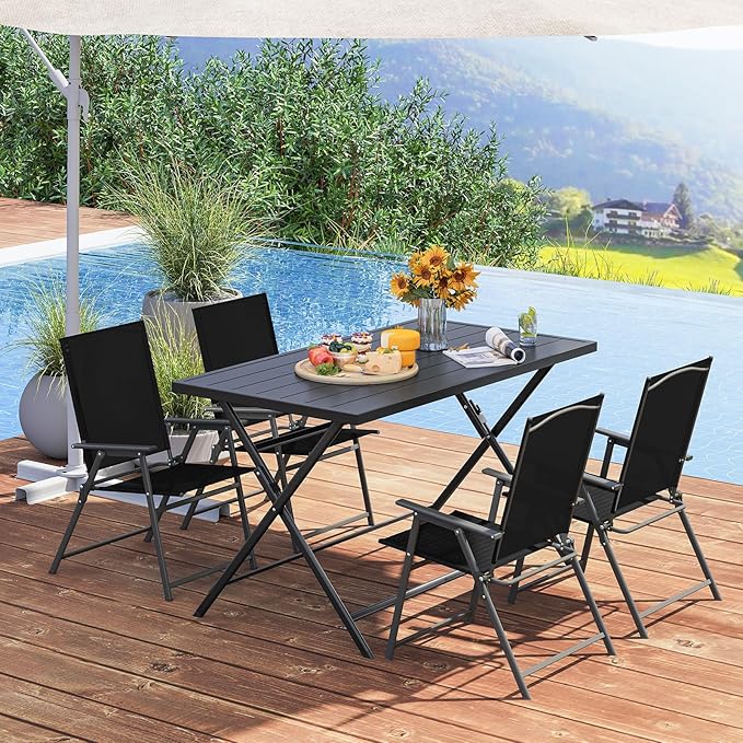 Tangkula 5 Pieces Foldable Outdoor Dining Set for 4, Patio Large Rectangular Metal Dining Table & 4 Patio Folding Chairs, Outdoor Table and Chairs Furniture Set for Backyard Garden Deck