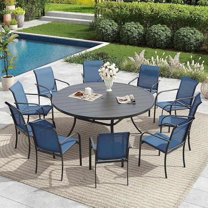 11 Pieces Patio Dining Set, 60" Round Dining Table with Umbrella Hole, 10 Stackable Textilene Fabric Chairs, Metal Structure for Patio, Porch, Garden(Black Table, Dark Blue Chair)