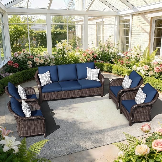 5 PCS Outdoor Conversation Set | 78" Couch, 4 Chairs, Patio Wicker Conversation Furniture with Removable Cushions for Bistro, Deck, Sunroom (Navy Blue)