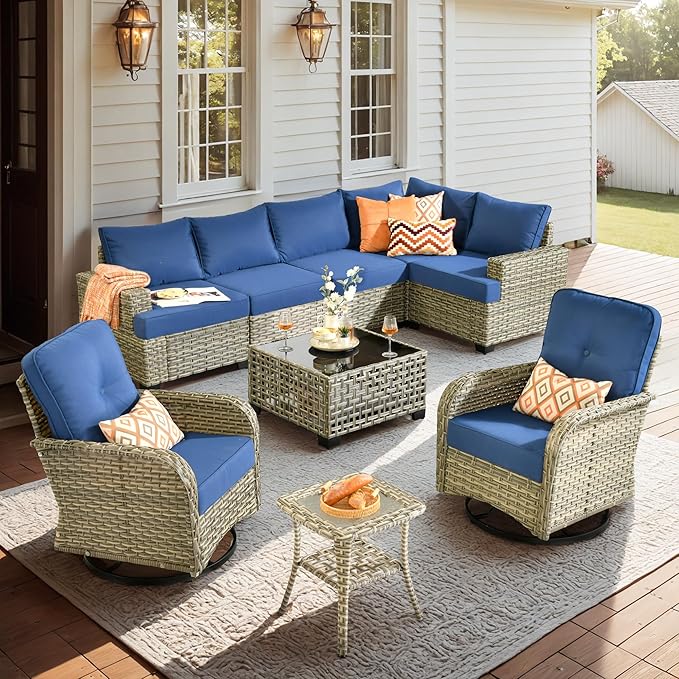 9 Piece Patio Furniture All Weather 7-Seater Outdoor Sectional Sofa with Patio Swivel Chairs and Solar Powered Coffee Table for Porch,Garden,Backyard,Deck(Blue)
