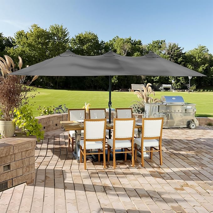 15ft Outdoor Market Umbrella with Base Included, Large Double-sided Pool Umbrella with Crank Handle, Garden, Backyard (Grey)