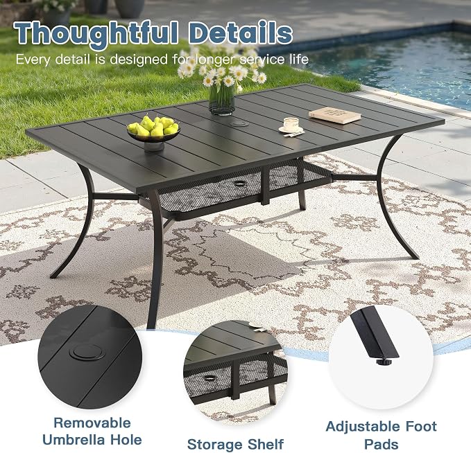DIFY 7 Piece Outdoor Patio Dining Set for 6, 59.2" Black Rectangle Metal Dining Table and Swivel Patio Chairs with Brown Padded Textilene, All-Weather Outdoor Furniture Set for Garden Backyard Porch