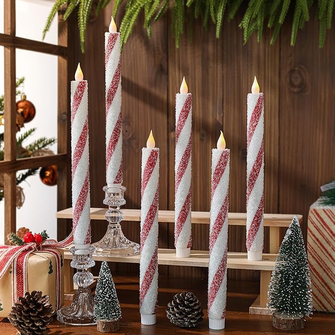 Christmas Flickering Flameless Taper Candles - 6PCS Glitter Candy Cane Red and White Stripes Sea Salt Real Wax Battery Operated Candles For Christmas Party Wedding Winter Home Decoration Xmas Decor