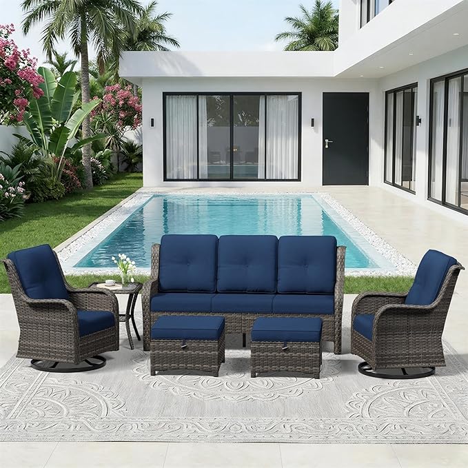6 Piece Outdoor Wicker Patio Furniture Set, Outdoor Swivel Rocker Patio Chairs Set with Thickened Olefin Cushions, High Back and Deep Seating, Hand-Woven PE Rattan for Porch, Deck