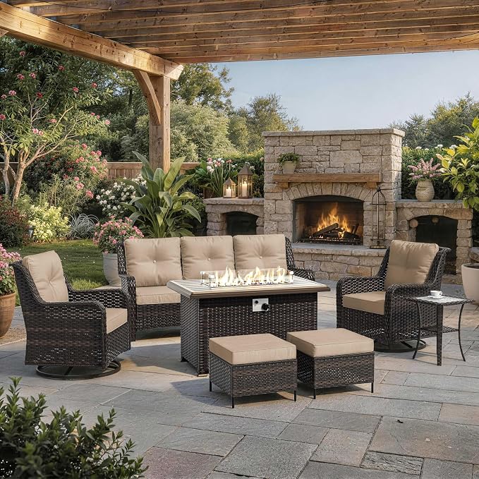 7-Piece Patio Furniture Set, Thick Wicker Outdoor Furniture Set with 2 Swivel Chairs, Outdoor Sectional Sofa Couch with Fire Pit Table, Patio Conversation Set for Backyard, Porch, Deck, Brown