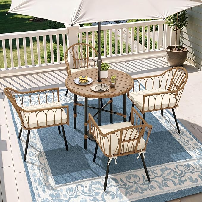 YITAHOME 5 Pieces Patio Dining Table Chair Set, Outdoor Table and Chairs with Umbrella Hole, Patio Furniture Set Outdoor Rattan Dining Table Set for Patio, Backyard, Balcony, Garden