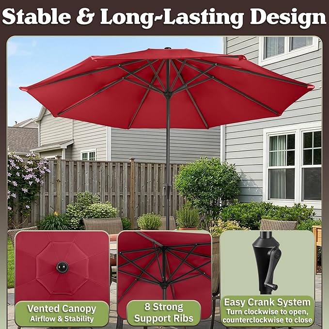9FT Round Patio Umbrella - Easy Crank, Vented Canopy Outdoor Umbrella for Shade - For Deck, Balcony, Porch, Backyard, or Pool by Pure Garden (Maroon Red)