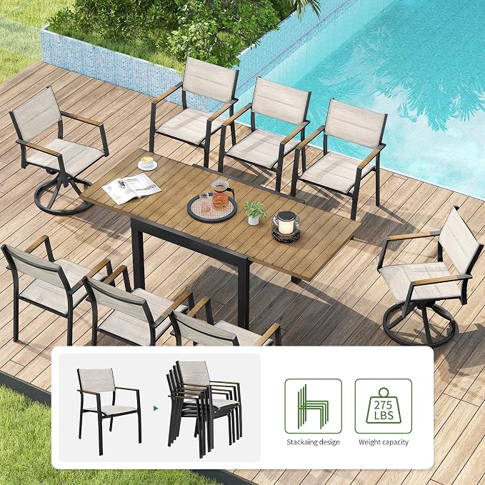 9 Piece Outdoor Dining Set, Expandable Outdoor Patio Dining Table and Swivel Chair Set, Aluminum Outdoor Table and 8 Chairs with Textilene Fabric & Armrest for Patio, Garden, Lawn(Brown)